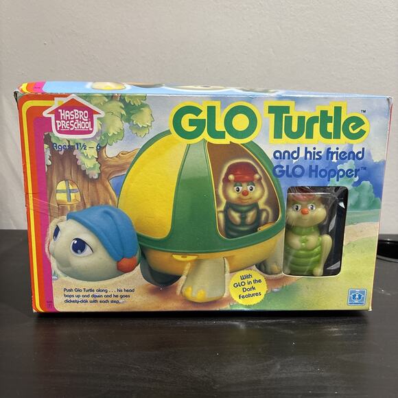 BNIB 1985 Hasbro Preschool #7525 Glo Friends Turtle + Glo Hopper figure